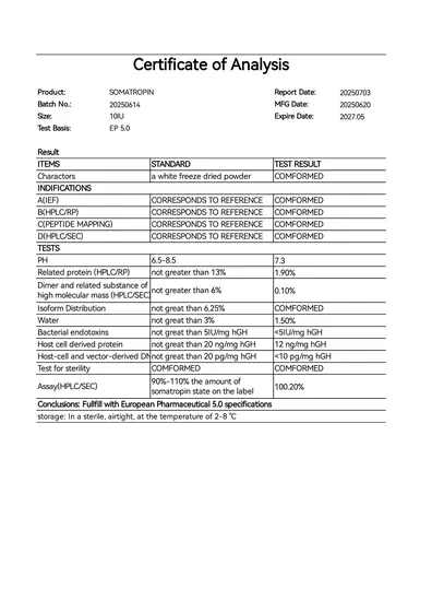Somatropin 10IU COA 2025-07-03