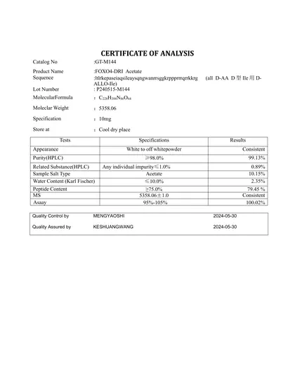 FOXO4-DRI Acetate 10mg COA 2024-05-30